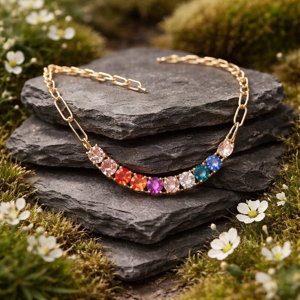 Sale Vibrant Colorful Gemstones Gold Paperclip Chain Tennis Necklace
